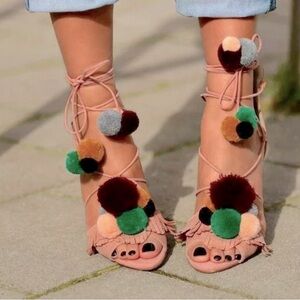 ZARA Suede Leather High Heel Lace Up Sandals With Pompoms